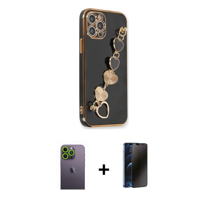 MARSİLYAN™- iPhone 12 Pro Max Kılıf Nova Işık Prime - Siyah 3D Antistatik Hayalet Cam Ekran Koruyucu + Neon Fosforlu Kamera Lens - YL