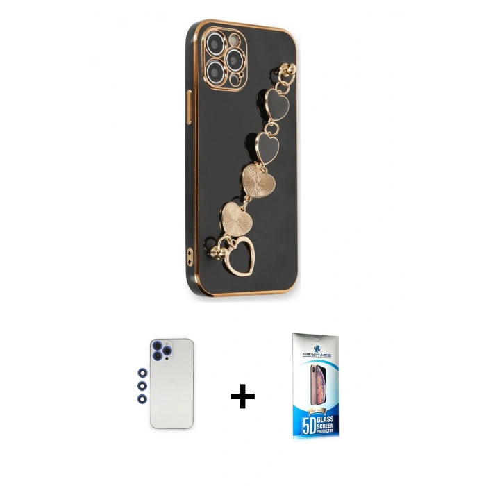 MARSİLYAN™- iPhone 12 Pro Max Kılıf Nova Işık Prime - Siyah 5D Eko Cam Ekran Koruyucu + Shine Kamera Lens - LT