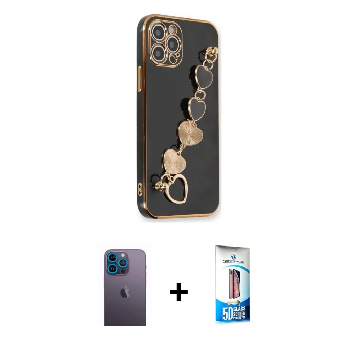 MARSİLYAN™- iPhone 12 Pro Max Kılıf Nova Işık Prime - Siyah 5D Eko Cam Ekran Koruyucu + Mavi Neon Fosforlu Kamera Lens