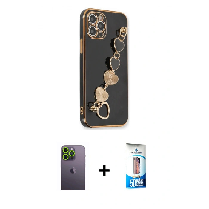 MARSİLYAN™- iPhone 12 Pro Max Kılıf Nova Işık Prime - Siyah 5D Eko Cam Ekran Koruyucu + Neon Fosforlu Kamera Lens - YL