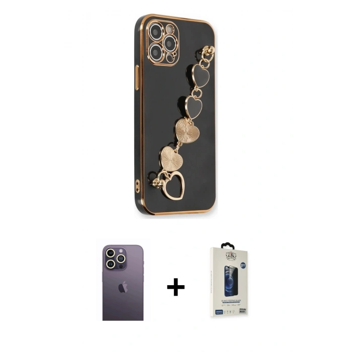 MARSİLYAN™- iPhone 12 Pro Max Kılıf Nova Işık Prime - Siyah Bilvis Hayalet Cam Ekran Koruyucu + Neon Fosforlu Kamera Lens - BZ