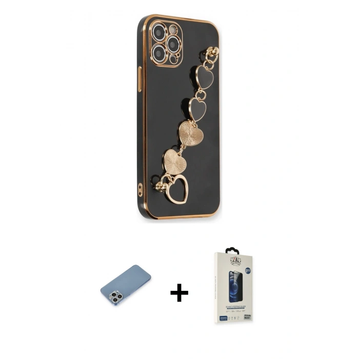 MARSİLYAN™- iPhone 12 Pro Max Kılıf Nova Işık Prime - Siyah Bilvis Hayalet Cam Ekran Koruyucu + Shine Kamera Lens Koruma Cam - GS