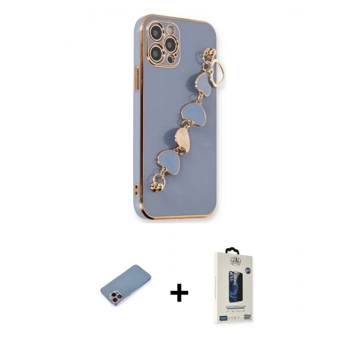 MARSİLYAN™- iPhone 12 Pro Max Kılıf Nova Işık Prime - Siyah Bilvis Hayalet Cam Ekran Koruyucu + Pembe Shine Kamera Lens Koruma Cam