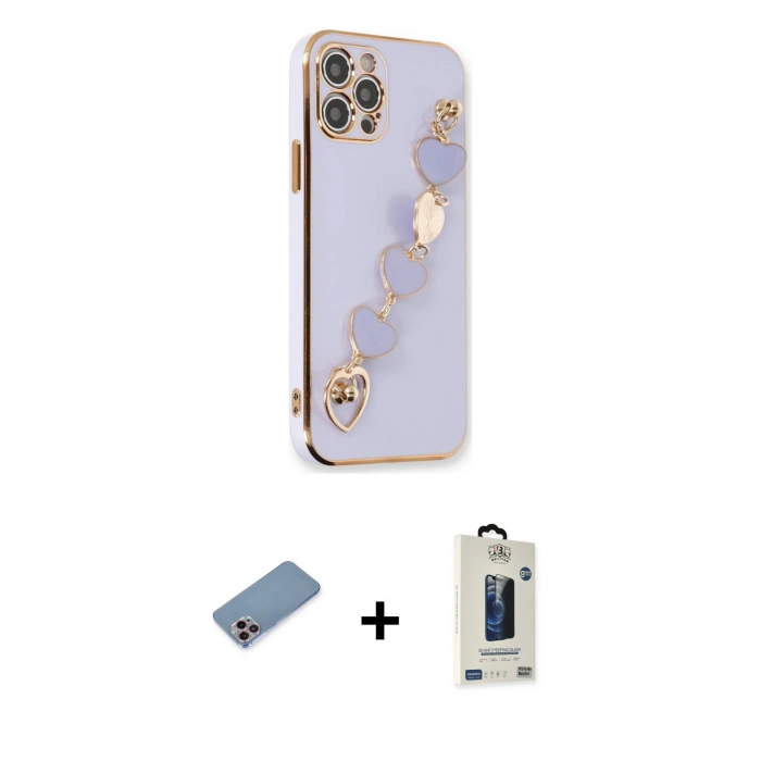 MARSİLYAN™- iPhone 12 Pro Max Kılıf Nova Işık Prime - Siyah Bilvis Hayalet Cam Ekran Koruyucu + Pembe Shine Kamera Lens Koruma Cam