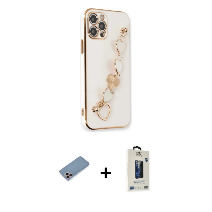 MARSİLYAN™- iPhone 12 Pro Max Kılıf Nova Işık Prime - Siyah Bilvis Hayalet Cam Ekran Koruyucu + Pembe Shine Kamera Lens Koruma Cam
