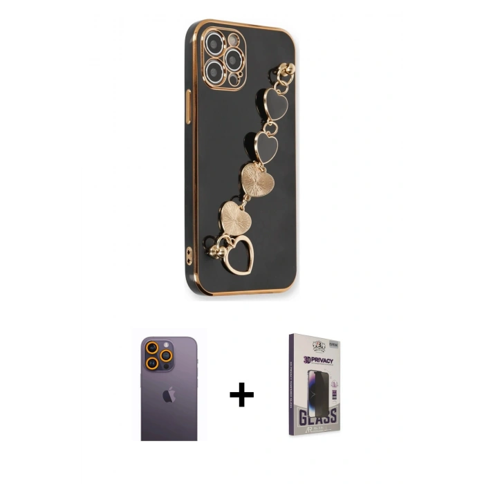 MARSİLYAN™- iPhone 12 Pro Max Kılıf Nova Işık Prime - Siyah Bilvis Hayalet Cam Ekran Koruyucu + Neon Fosforlu Kamera Lens - SI
