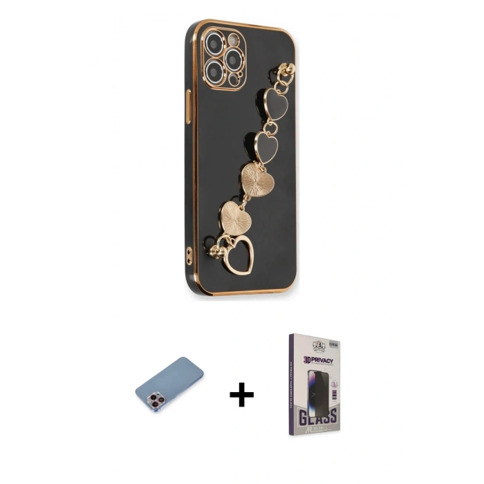 MARSİLYAN™- iPhone 12 Pro Max Kılıf Nova Işık Prime - Siyah Bilvis Hayalet Cam Ekran Koruyucu + Shine Kamera Lens Koruma Cam - PE