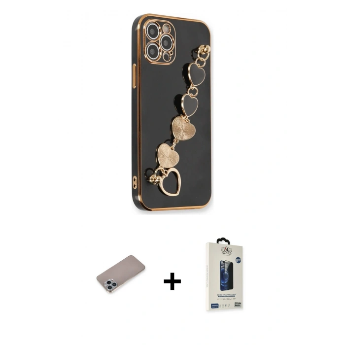 MARSİLYAN™- iPhone 12 Pro Max Kılıf Nova Işık Prime - Siyah Bilvis Hayalet Cam Ekran Koruyucu + Sierra Blue Shine Kamera Lens Koruma Cam