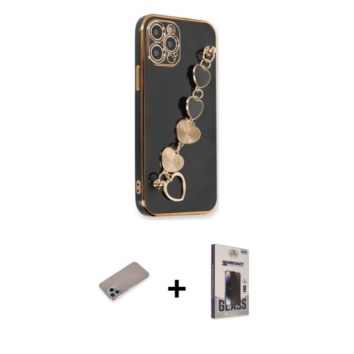 MARSİLYAN™- iPhone 12 Pro Max Kılıf Nova Işık Prime - Siyah Bilvis Hayalet Cam Ekran Koruyucu + Shine Kamera Lens Koruma Cam - SABE