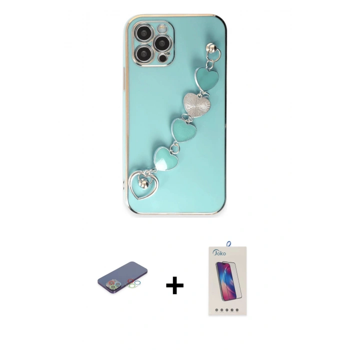 MARSİLYAN™- iPhone 12 Pro Max Kılıf Nova Işık Prime - Siyah Joko 5D Cam + Mavi Renkli Kamera Lens Koruma Cam