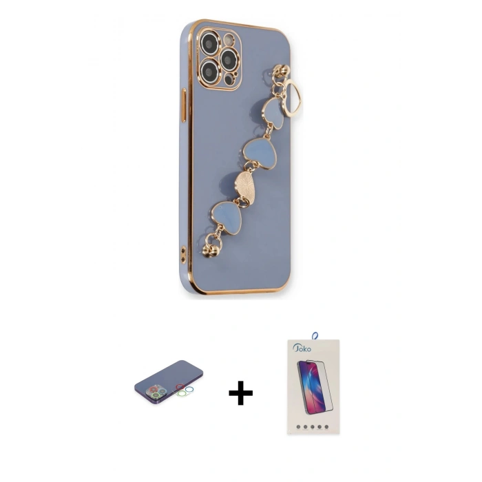 MARSİLYAN™- iPhone 12 Pro Max Kılıf Nova Işık Prime - Siyah Joko 5D Cam + Mavi Renkli Kamera Lens Koruma Cam