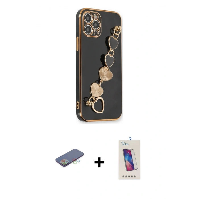 MARSİLYAN™- iPhone 12 Pro Max Kılıf Nova Işık Prime - Siyah Joko 5D Cam + Mavi Renkli Kamera Lens Koruma Cam