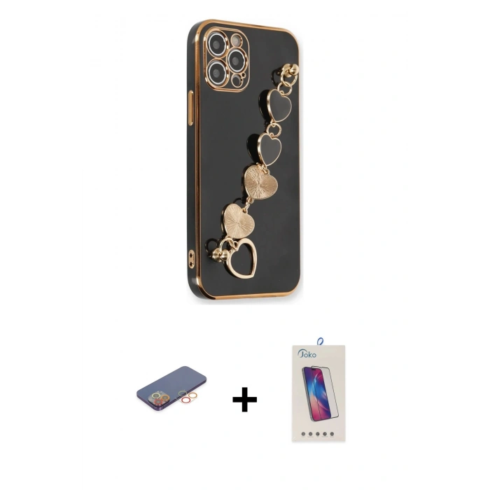 MARSİLYAN™- iPhone 12 Pro Max Kılıf Nova Işık Prime - Siyah Joko 5D Cam + Turuncu Renkli Kamera Lens Koruma Cam