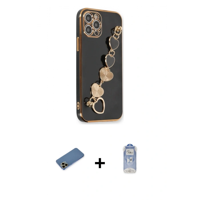MARSİLYAN™- iPhone 12 Pro Max Kılıf Nova Işık Prime - Siyah Joko Magic 5D Cam + Gold Shine Kamera Lens Koruma Cam