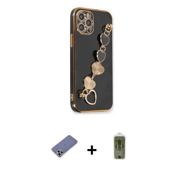 MARSİLYAN™- iPhone 12 Pro Max Kılıf Nova Işık Prime - Siyah Joko Magic 5D Hayalet Cam + Gold Metal Kamera Lens Koruma Cam