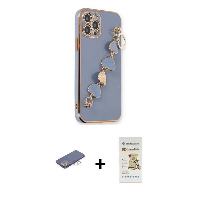 MARSİLYAN™- iPhone 12 Pro Max Kılıf Nova Işık Prime - Siyah Mat Seramik Nano Ekran Koruyucu + Mavi Renkli Kamera Lens Koruma Cam