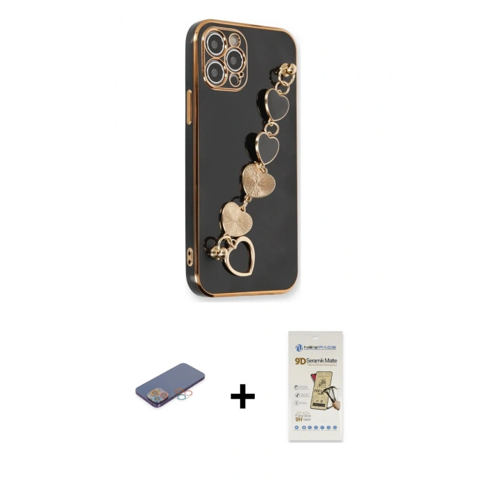 MARSİLYAN™- iPhone 12 Pro Max Kılıf Nova Işık Prime - Siyah Mat Seramik Nano Ekran Koruyucu + Renkli Kamera Lens Koruma Cam - PE