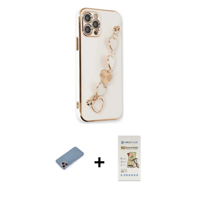 MARSİLYAN™- iPhone 12 Pro Max Kılıf Nova Işık Prime - Siyah Mat Seramik Nano Ekran Koruyucu + Pembe Shine Kamera Lens Koruma Cam