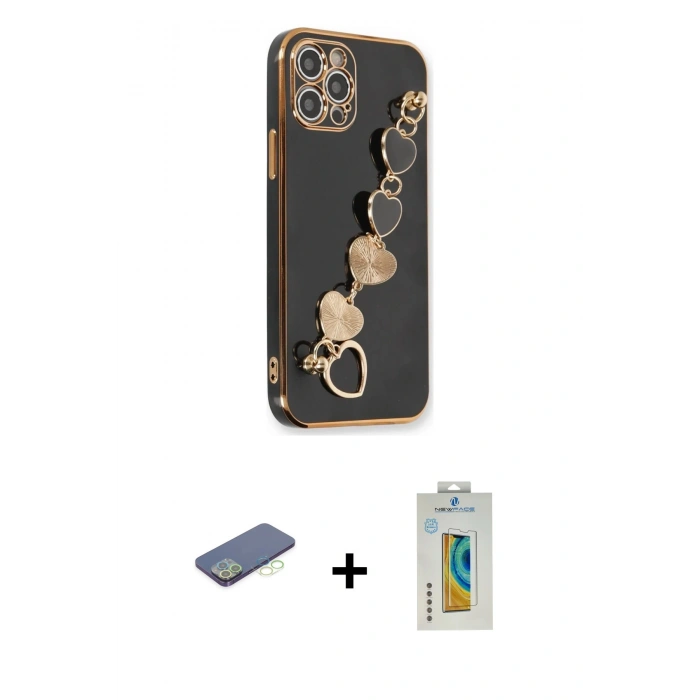 MARSİLYAN™- iPhone 12 Pro Max Kılıf Nova Işık Prime - Siyah Polymer Nano Ekran Koruyucu + Renkli Kamera Lens Koruma Cam - YL