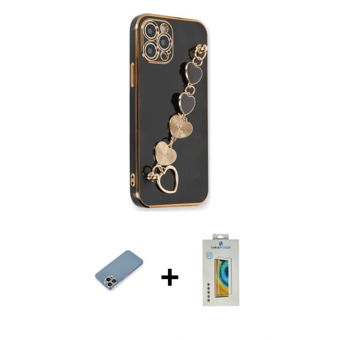 MARSİLYAN™- iPhone 12 Pro Max Kılıf Nova Işık Prime - Siyah Polymer Nano Ekran Koruyucu + Shine Kamera Lens Koruma Cam - GI