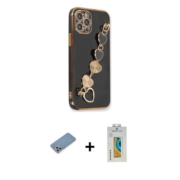 MARSİLYAN™- iPhone 12 Pro Max Kılıf Nova Işık Prime - Siyah Polymer Nano Ekran Koruyucu + Shine Kamera Lens Koruma Cam - GS