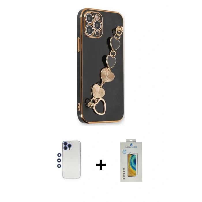 MARSİLYAN™- iPhone 12 Pro Max Kılıf Nova Işık Prime - Siyah Polymer Nano Ekran Koruyucu + Shine Kamera Lens - LT