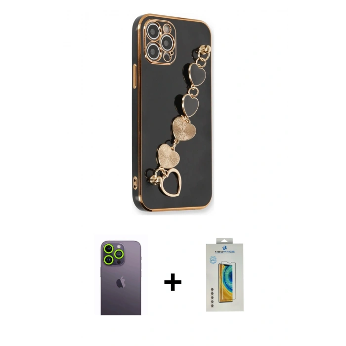 MARSİLYAN™- iPhone 12 Pro Max Kılıf Nova Işık Prime - Siyah Polymer Nano Ekran Koruyucu + Neon Fosforlu Kamera Lens - YL