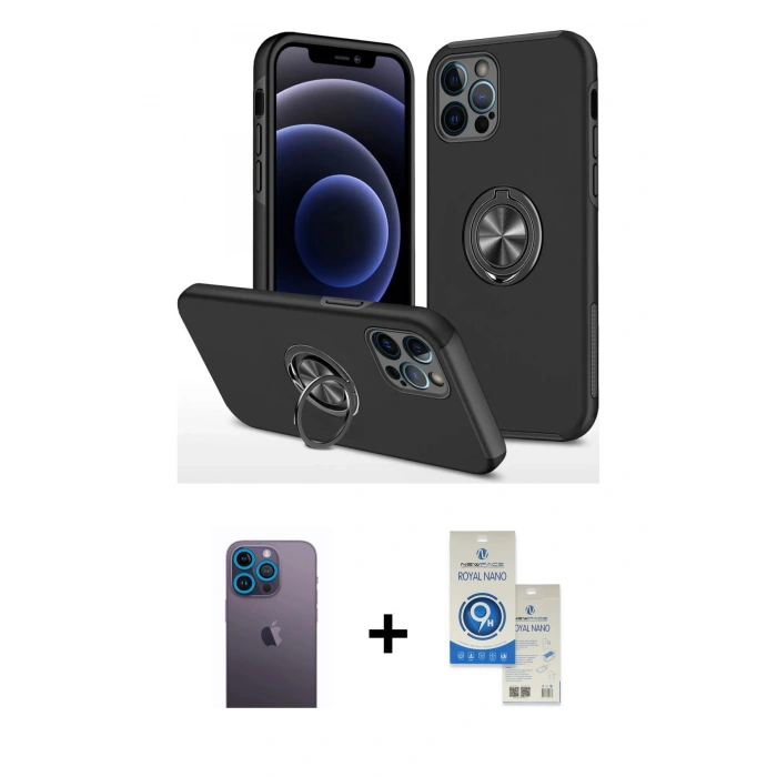 MARSİLYAN™- iPhone 12 Pro Max Kılıf Odak Form Prime - Şeffaf Royal Nano Ekran Koruyucu + Neon Fosforlu Kamera Lens - MI