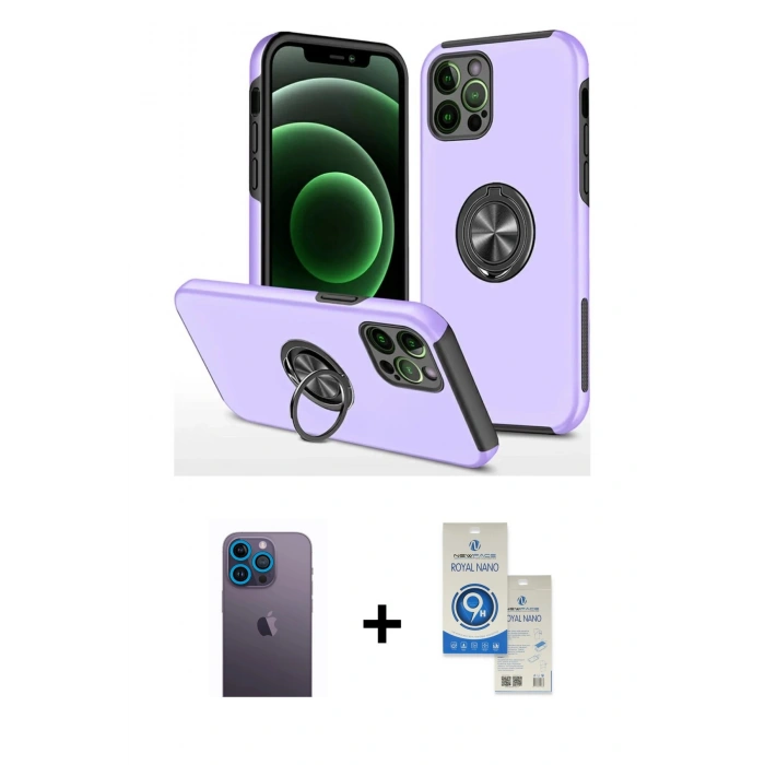 MARSİLYAN™- iPhone 12 Pro Max Kılıf Odak Form Prime - Şeffaf Royal Nano Ekran Koruyucu + Neon Fosforlu Kamera Lens - MI