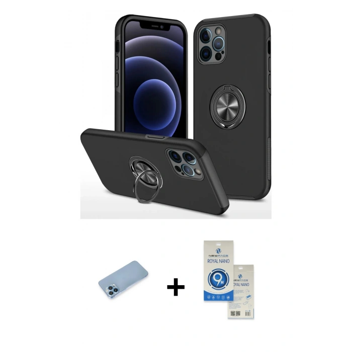 MARSİLYAN™- iPhone 12 Pro Max Kılıf Odak Form Prime - Şeffaf Royal Nano Ekran Koruyucu + Mavi Shine Kamera Lens Koruma Cam