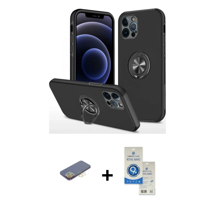 MARSİLYAN™- iPhone 12 Pro Max Kılıf Odak Form Prime - Şeffaf Royal Nano Ekran Koruyucu + Sarı Renkli Kamera Lens Koruma Cam