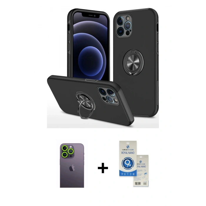 MARSİLYAN™- iPhone 12 Pro Max Kılıf Odak Form Prime - Şeffaf Royal Nano Ekran Koruyucu + Neon Fosforlu Kamera Lens - YL