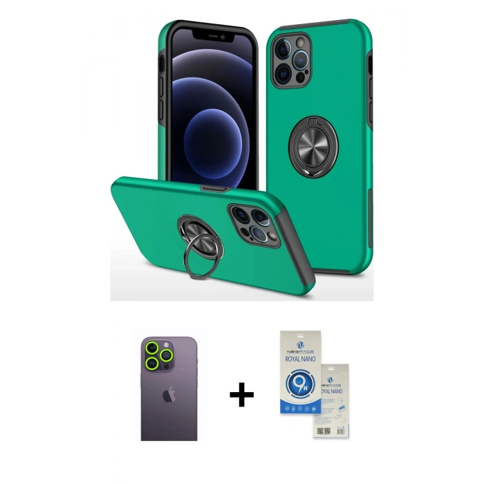 MARSİLYAN™- iPhone 12 Pro Max Kılıf Odak Form Prime - Şeffaf Royal Nano Ekran Koruyucu + Neon Fosforlu Kamera Lens - YL