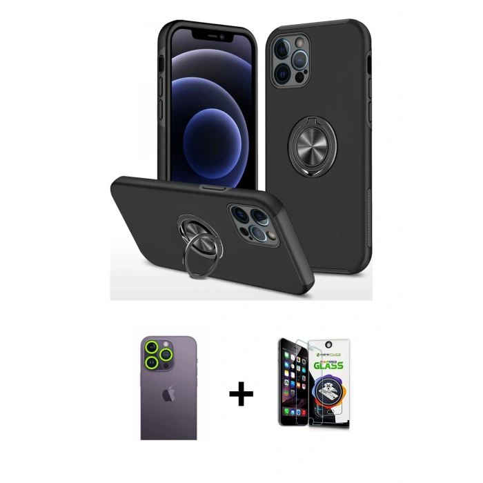 MARSİLYAN™- iPhone 12 Pro Max Kılıf Odak Form Prime - Şeffaf Temperli Cam Ekran Koruyucu + Neon Fosforlu Kamera Lens - YL