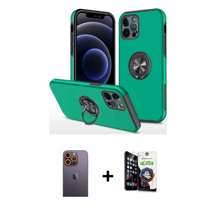 MARSİLYAN™- iPhone 12 Pro Max Kılıf Odak Form Prime - Şeffaf Temperli Cam Ekran Koruyucu + Neon Fosforlu Kamera Lens - SI