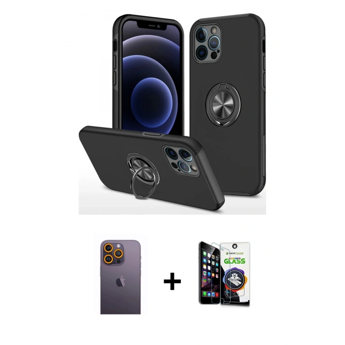 MARSİLYAN™- iPhone 12 Pro Max Kılıf Odak Form Prime - Şeffaf Temperli Cam Ekran Koruyucu + Neon Fosforlu Kamera Lens - SI