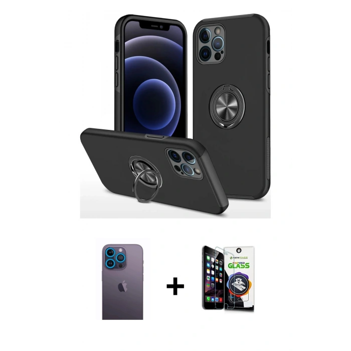 MARSİLYAN™- iPhone 12 Pro Max Kılıf Odak Form Prime - Şeffaf Temperli Cam Ekran Koruyucu + Neon Fosforlu Kamera Lens - MI