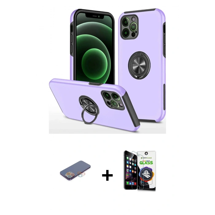 MARSİLYAN™- iPhone 12 Pro Max Kılıf Odak Form Prime - Şeffaf Temperli Cam Ekran Koruyucu + Pembe Renkli Kamera Lens Koruma Cam
