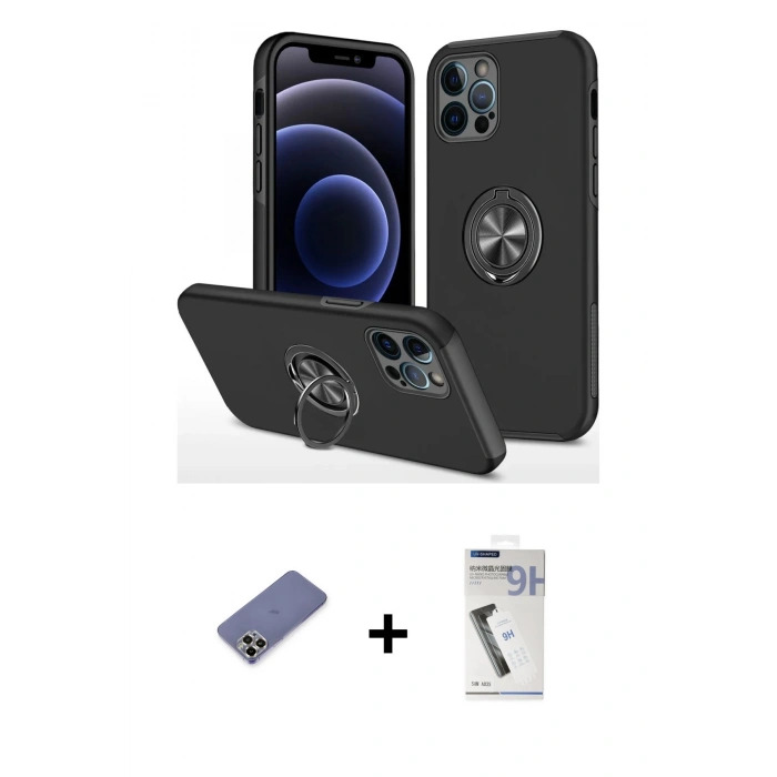 MARSİLYAN™- iPhone 12 Pro Max Kılıf Odak Form Prime - Şeffaf Uv Polymer Nano Ekran Koruyucu + Gold Metal Kamera Lens Koruma Cam