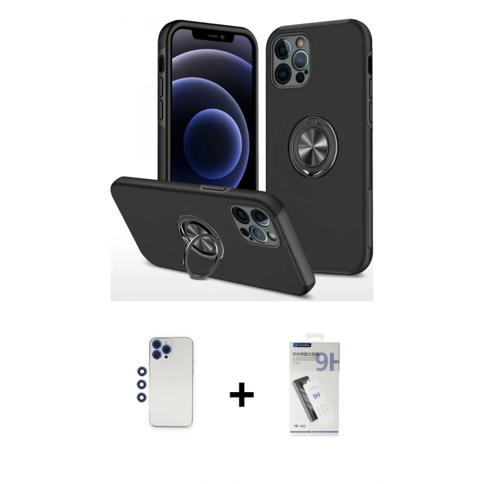 MARSİLYAN™- iPhone 12 Pro Max Kılıf Odak Form Prime - Şeffaf Uv Polymer Nano Ekran Koruyucu + Lacivert Shine Kamera Lens