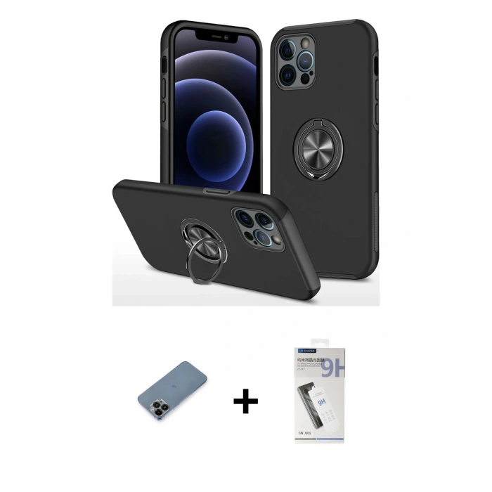 MARSİLYAN™- iPhone 12 Pro Max Kılıf Odak Form Prime - Şeffaf Uv Polymer Nano Ekran Koruyucu + Siyah Shine Kamera Lens Koruma Cam