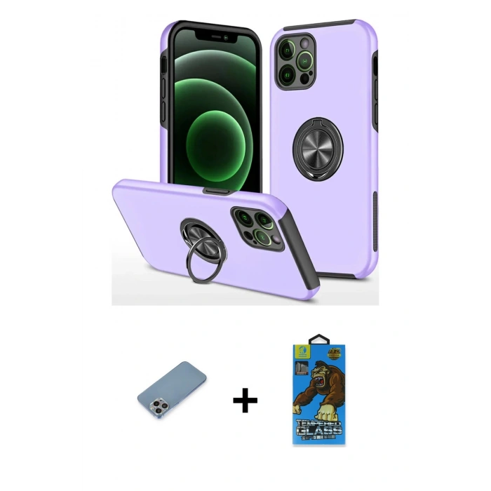 MARSİLYAN™- iPhone 12 Pro Max Kılıf Odak Form Prime - Siyah 18D Cam Ekran Koruyucu + Shine Kamera Lens Koruma Cam - GI