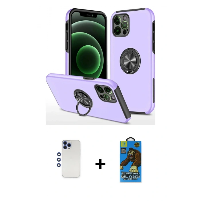 MARSİLYAN™- iPhone 12 Pro Max Kılıf Odak Form Prime - Siyah 18D Cam Ekran Koruyucu + Lacivert Shine Kamera Lens