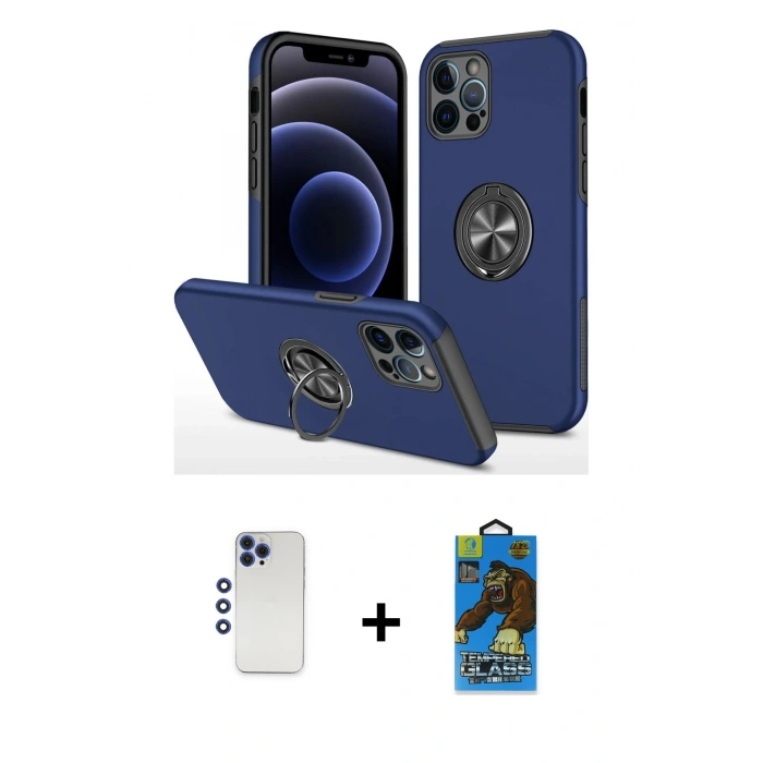 MARSİLYAN™- iPhone 12 Pro Max Kılıf Odak Form Prime - Siyah 18D Cam Ekran Koruyucu + Lacivert Shine Kamera Lens