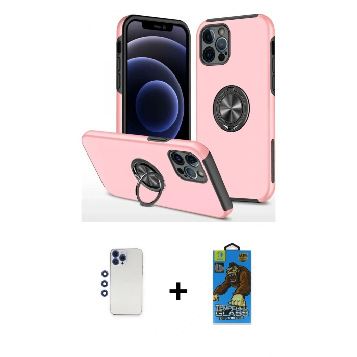 MARSİLYAN™- iPhone 12 Pro Max Kılıf Odak Form Prime - Siyah 18D Cam Ekran Koruyucu + Lacivert Shine Kamera Lens