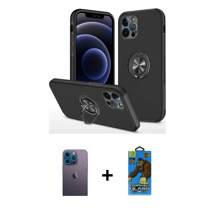 MARSİLYAN™- iPhone 12 Pro Max Kılıf Odak Form Prime - Siyah 18D Cam Ekran Koruyucu + Neon Fosforlu Kamera Lens - MI