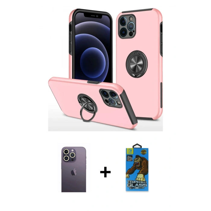 MARSİLYAN™- iPhone 12 Pro Max Kılıf Odak Form Prime - Siyah 18D Cam Ekran Koruyucu + Neon Fosforlu Kamera Lens - BZ