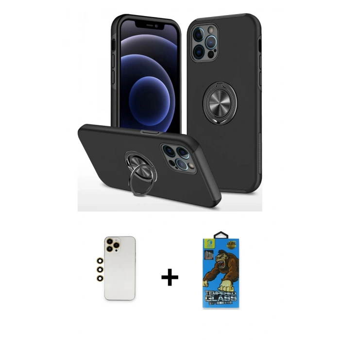 MARSİLYAN™- iPhone 12 Pro Max Kılıf Odak Form Prime - Siyah 18D Cam Ekran Koruyucu + Shine Kamera Lens - GD