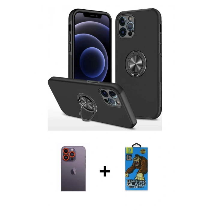 MARSİLYAN™- iPhone 12 Pro Max Kılıf Odak Form Prime - Siyah 18D Cam Ekran Koruyucu + Neon Fosforlu Kamera Lens - TU