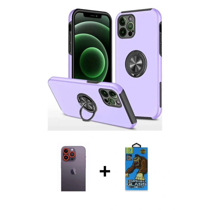 MARSİLYAN™- iPhone 12 Pro Max Kılıf Odak Form Prime - Siyah 18D Cam Ekran Koruyucu + Neon Fosforlu Kamera Lens - TU